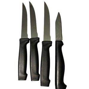 Set Of 4 Black Handle Stainless Steel Knives With Serrated & Straight Blades 20h